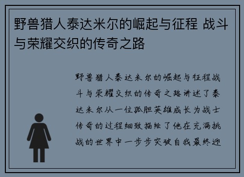 野兽猎人泰达米尔的崛起与征程 战斗与荣耀交织的传奇之路